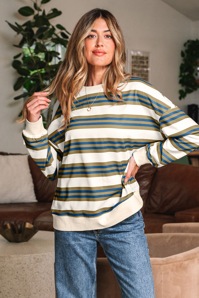Sweatshirt Col Rond Rayé Kaki - Coupe Oversize & Épaule Tombante