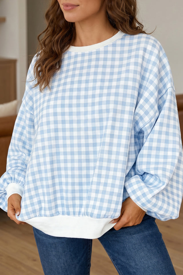 Sweatshirt Manches Longues Col Rond à Carreaux Bleu Clair — Coupe Streetwear