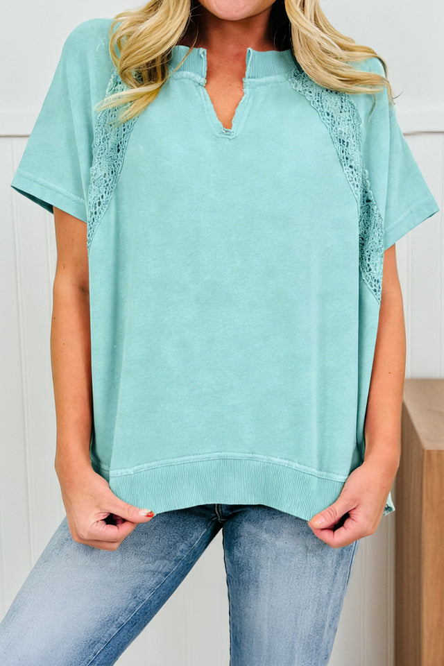 Tee Col V Dentelle Patchwork Mint Green - Manches Courtes