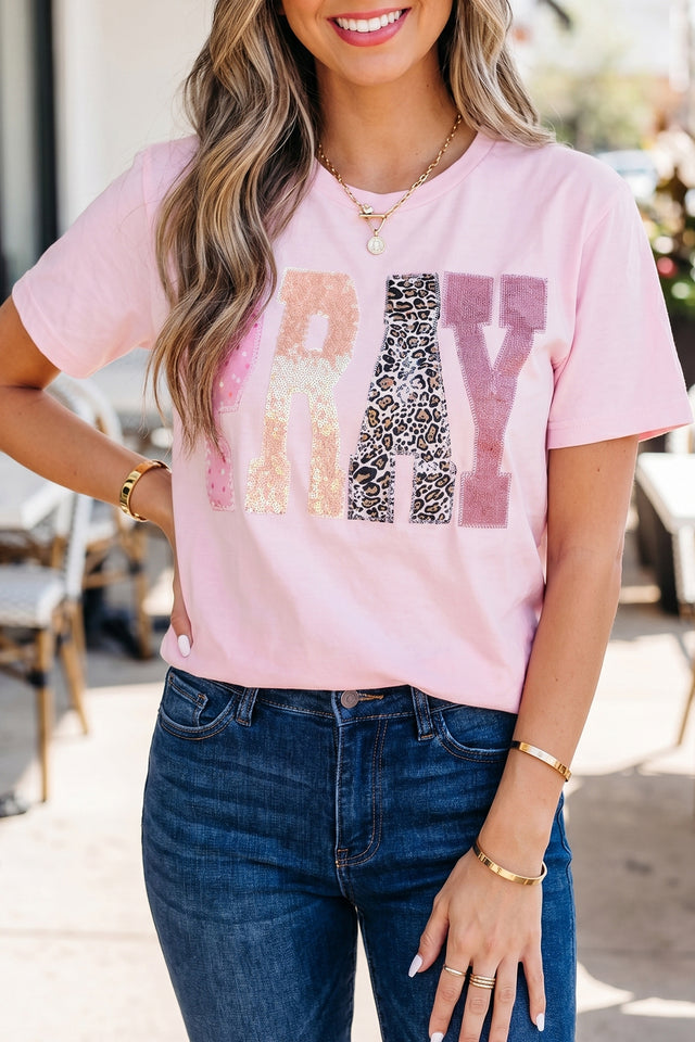 T-shirt graphique "PRAY" Rose à Sequins et Imprimé Léopard - Dear-Lover