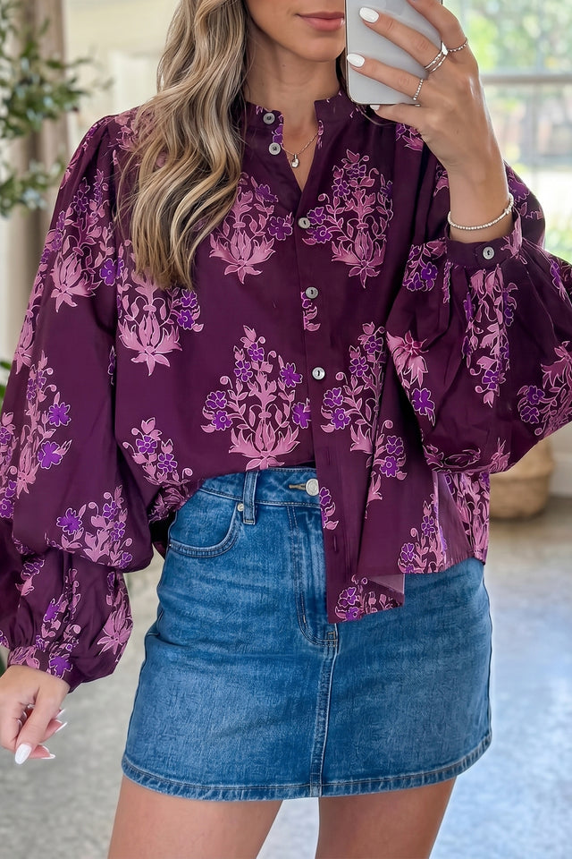 Chemisier Violet Imprimé Floral Bouton Devant Manches Bouffantes Longues