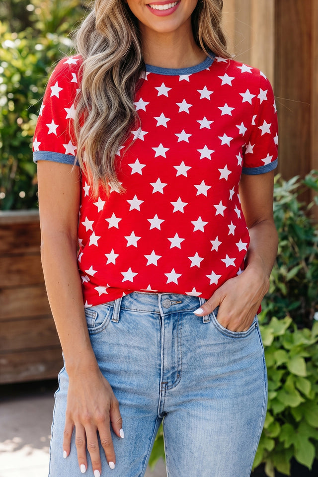 Tunique Col & Poignets Contrastés "Red Stars" en Viscose