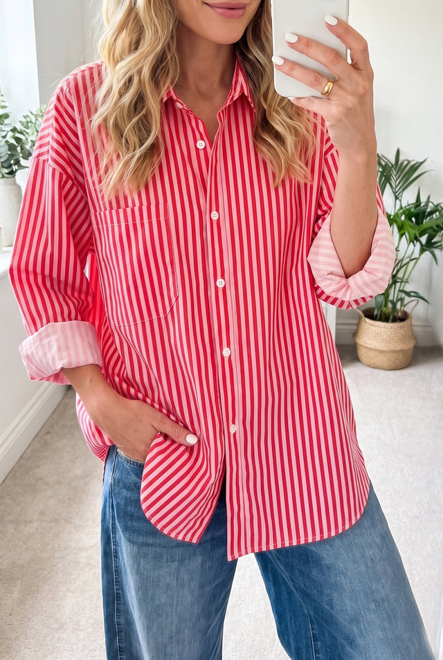 Chemise Casual Manches Longues Rouge à Rayures et Poche poitrine