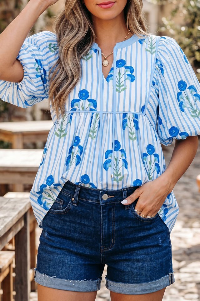 Blouse Manches Bouffantes à Liens Ciel Bleu Imprimé Floral — Col V, Coupe Ample