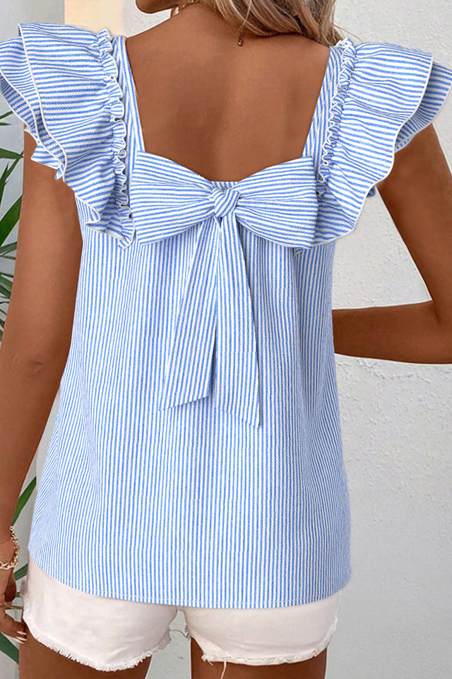 Blouse Manches Courtes Rayée Bleu Ciel Carré à Nœud & Volants — Style Urbain Chic
