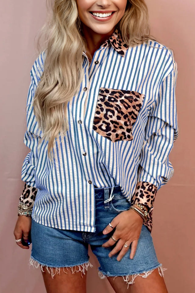 Chemisier Femme Manches Longues Sky Blue - Patchwork Rayures & Léopard