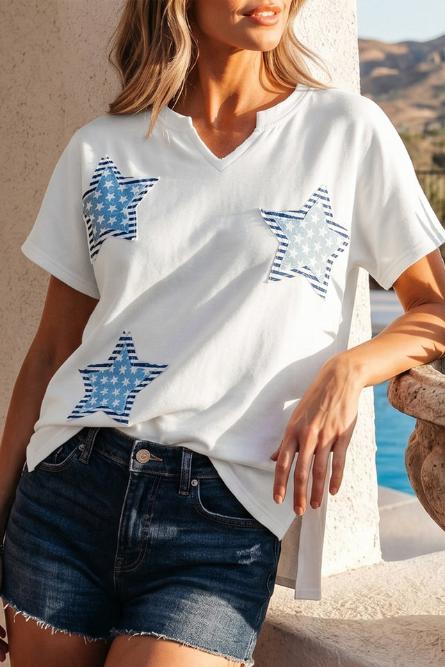 T-shirt Blanc Col V Manches Courtes "Patriot Star" - Texture Lavée Minérale